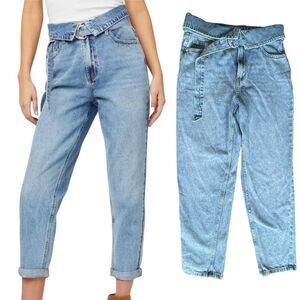 GUESS Reda Size 27 Fold Over High Waist Straight Mom Jeans Belted Medium Wash